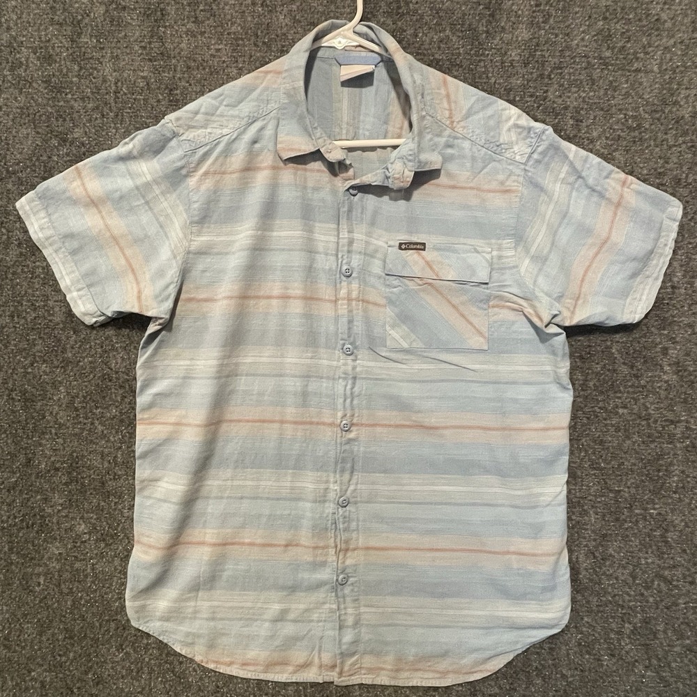 Columbia Shirt Mens Medium Striped Short Sleeve Button Up Outdoor Casual Blue Rd